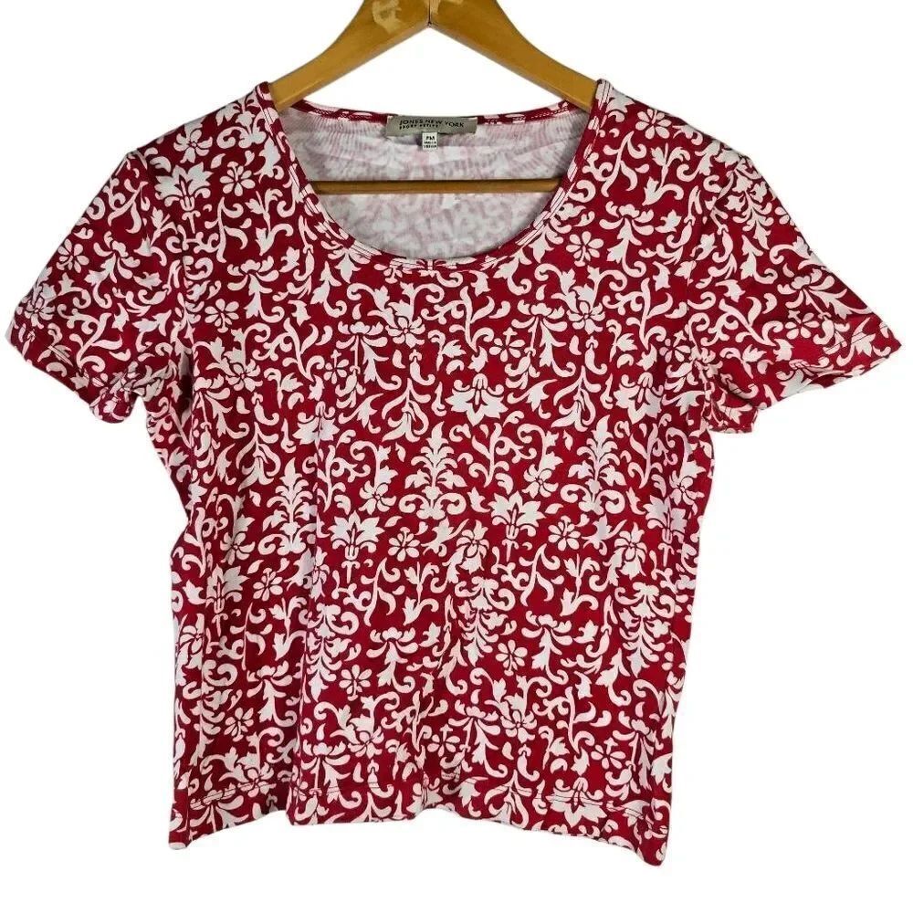 Jones New York Red and White Patterned Short Sleeve Tee